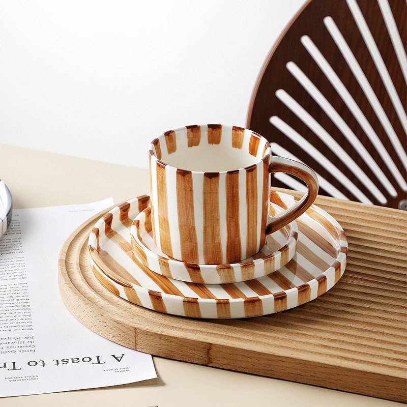 Brown Nordic Stripe ceramic cup and saucer
